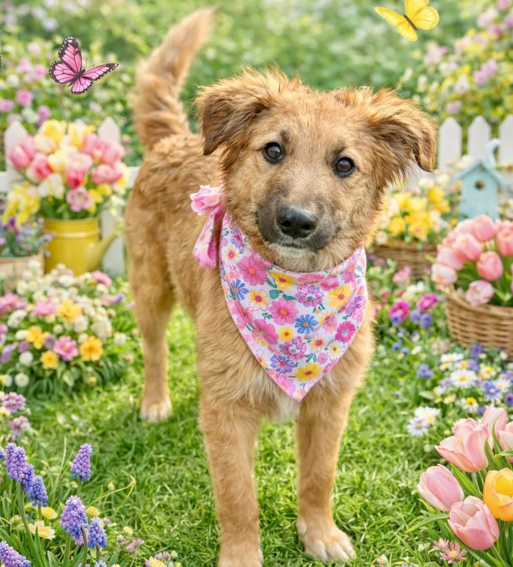 Dog wearing floral bandana in flower garden